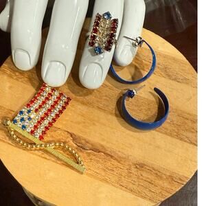 USA Jewelry Bundle: Fourth of July Vintage Fashion Ring, Earrings & Flag Pin